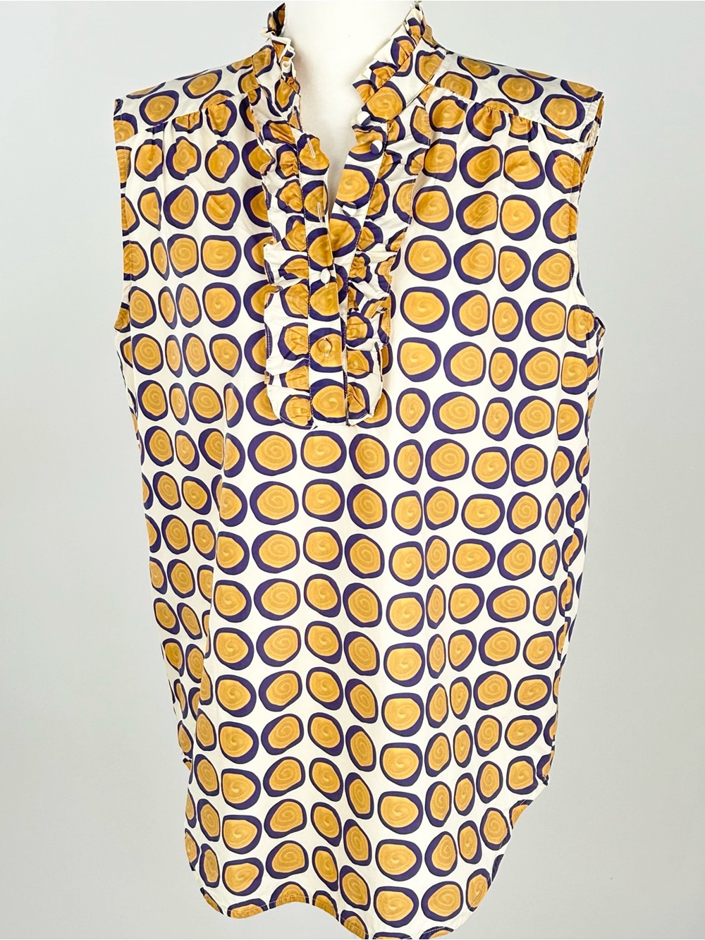 0039 Italy Alkia Ruffle Sleeveless Geometric Cotton Blouse Size M